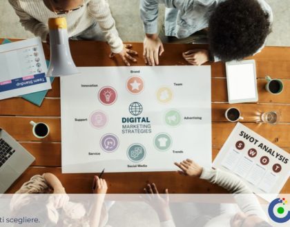 Professionista analizza dati e strategie di web marketing su computer per migliorare la comunicazione digitale